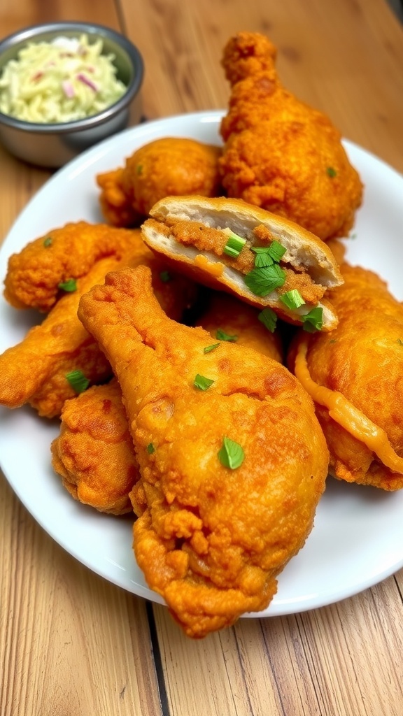 A plate of golden crispy fried chicken with herbs and a side of coleslaw.